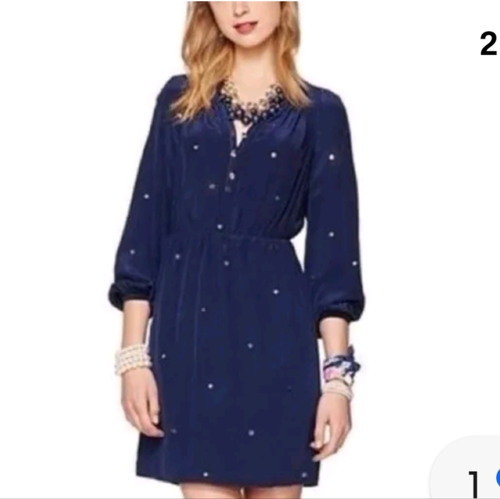 Lilly Pulitzer Turner Long Sleeve Dress True Navy 100% Silk Sequins Medium